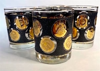 Set of 8 Gold Coin over Black Libbey Rock Glasses