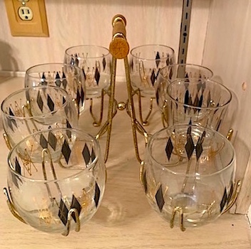 Federal Glass Harlequin Diamond  Roly-Poly Glasses With Metal Caddy Carrier