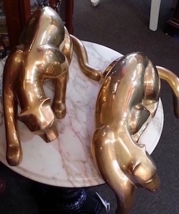 Mid Century Large Solid Brass Panther Figurines