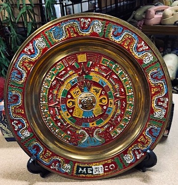 Vintage Mexican Aztec Embossed Brass Metal Wall Calendar Plaque