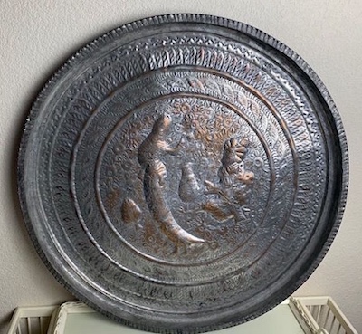 Vintage Middle Eastern Large Chased and Embossed Metal Round Tray