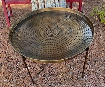 Moroccan Brass Tone Metal Tray Collapsible Stand Coffee Table