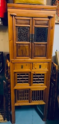 Antique Half Size Blonde Kitchen Cabinet With Latticework