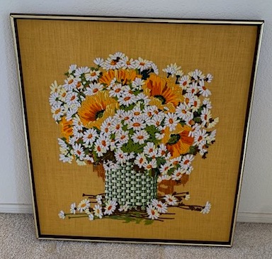 Vintage Crewel Embroidery Daisies and Yellow Poppies Flower Arrangement in Green Basket
