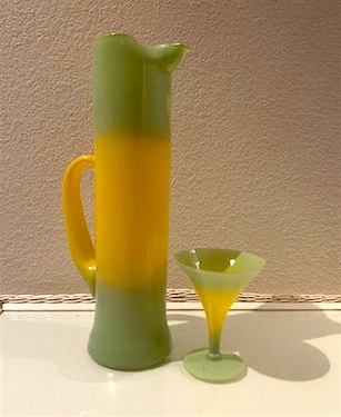 Mid-Century Modern Blendo Glass Green & Yellow Ombre Cocktail Pitcher