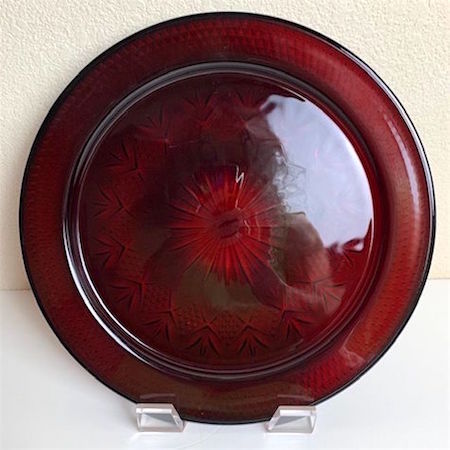 Vintage Ruby Red Pressed Glass 12 inch Round Serving Platter Starburst Design