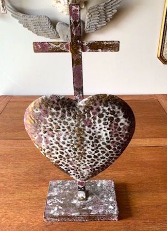 Rustic Patina Metal Cross with Heart on Pedestal