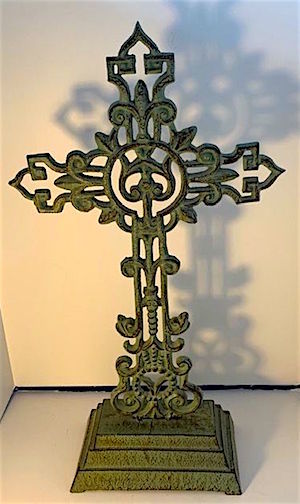 Wrought Iron Verdigris Pedestal Cross