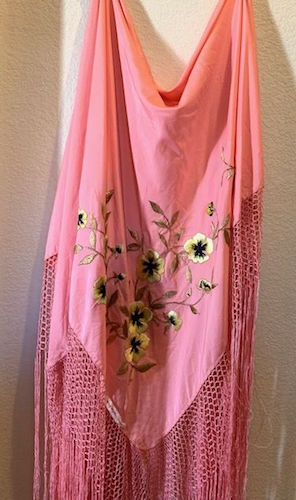 Vintage 1920s Pink Embroidered Floral Piano Shawl 