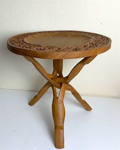 Vintage 1970s Wood Floral Carved Round Tray Table on Collapsible Stand