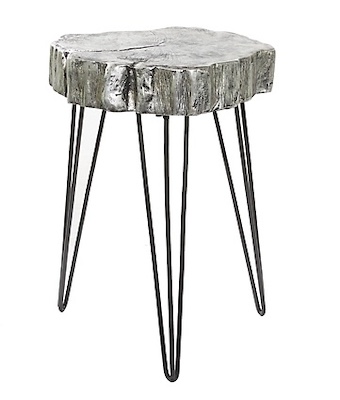 Silver Gray Tree Trunk End Accent Table w Black Hairpin Legs