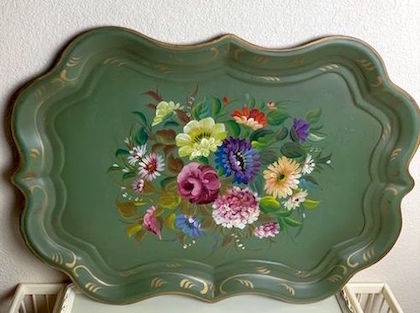 Vintage Tole Hand Painting Floral Oversized Tray [1940s]