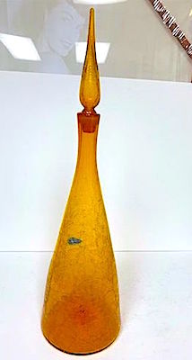 Mid Century Blenko Honey Amber Crackle Glass Genie Decanter Tall