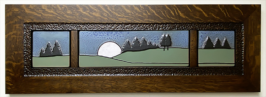 Moonrise Full Moon Pine Trees Landscape Art Tile Mural Framed Handmade Triptych Display Click To Enlarge