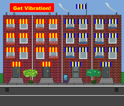 Buildings scene (twins) created solely with Illustrator 10 - illustrates the use of a vibration color scheme