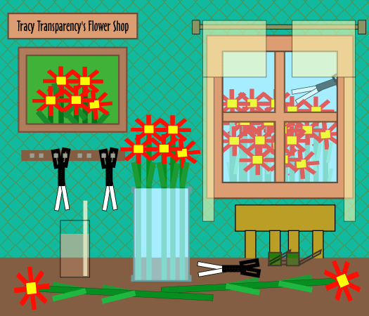 Flower shop scene created solely with Illustrator 10 - illustrates the use of transparency