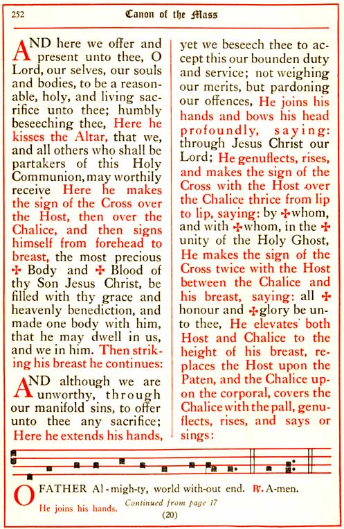 American Missal (Anglo-Catholic Anglican/Episcopal): End of Book of Common Prayer Eucharistic Canon; Minor Elevation with Gregorian-chant notation in neumes