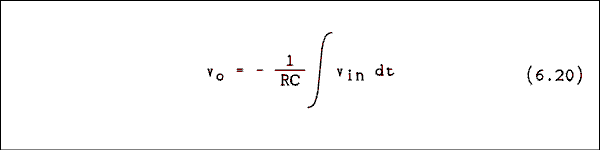  V sub O = one over RC integral of V sub in dt..