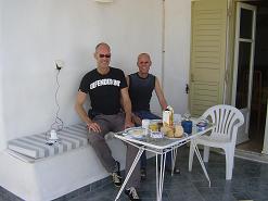 Paros, my friend and me on our terrace in Ikia Studios