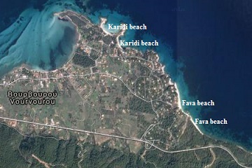 plattegrond van Karidi beach en Fava beach in Halkidiki