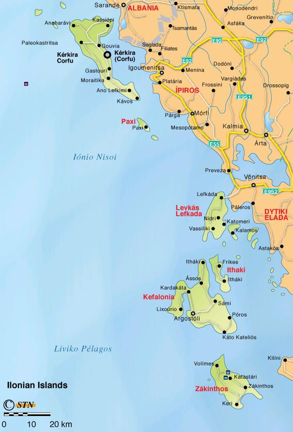 Map of Ionian islands, Plattegrond van de Ionische eilanden
