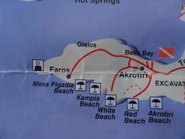 Map of Santorini, beaches in the southwest