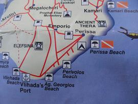 Map of Santorini, Kamari and Perissa, beaches in the southeast