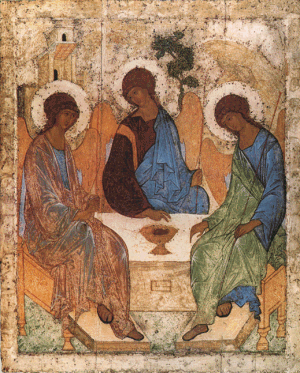 {Icon of the trinity showing three figures at a
                    table}